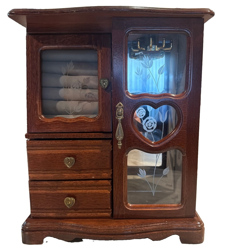 Vtg 1980s Wooden 12" Jewelry Box Armoire Etched Heart Glass Door Carousel Mirror